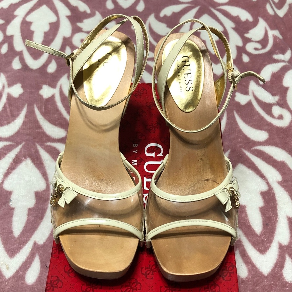 Guess by Marciano Cream and Clear Platform Ankle-Strap Heels with Gold Accents